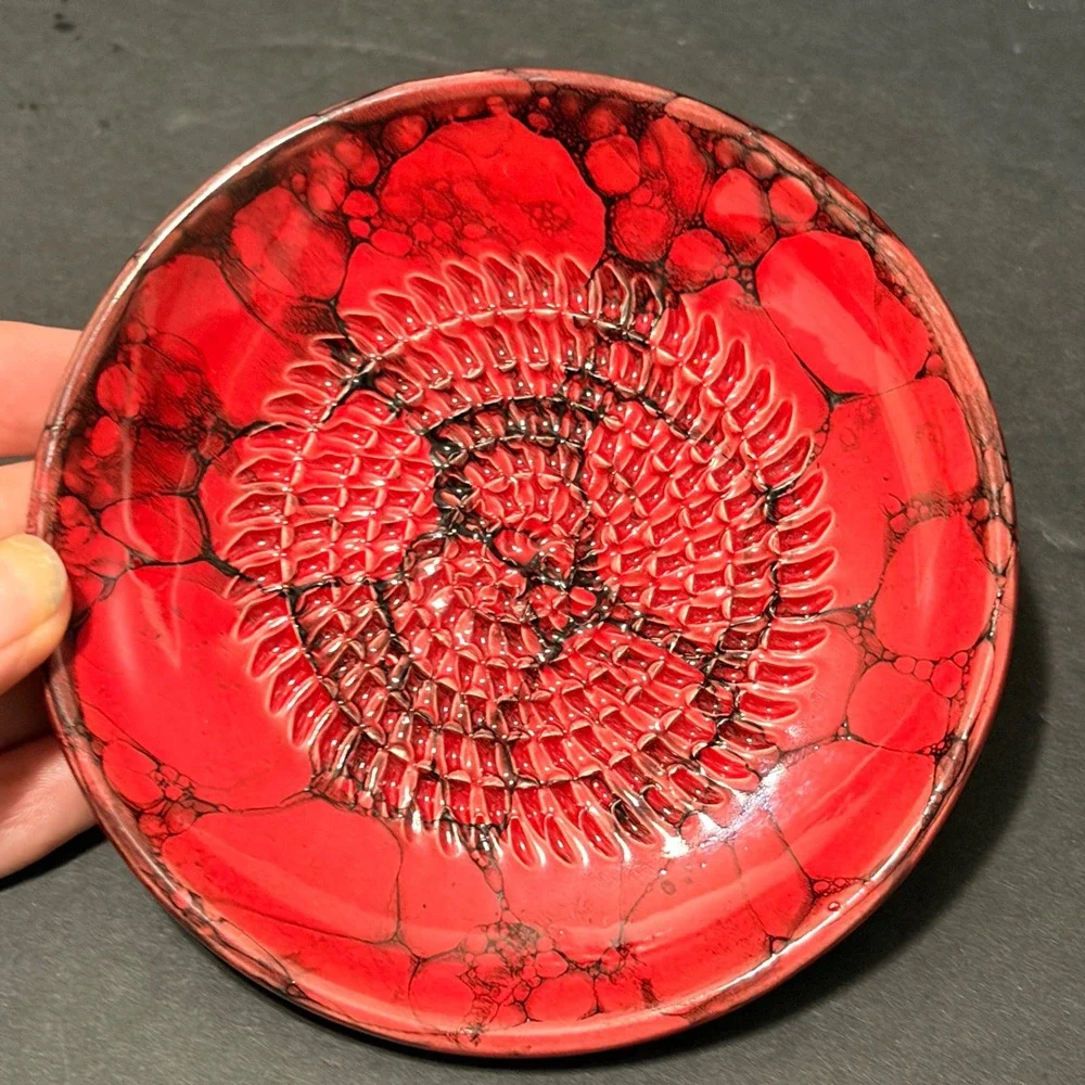 Red Artisan Ceramic Garlic Grater Plate Black Marble Bubble Glaze 4.75 Inch